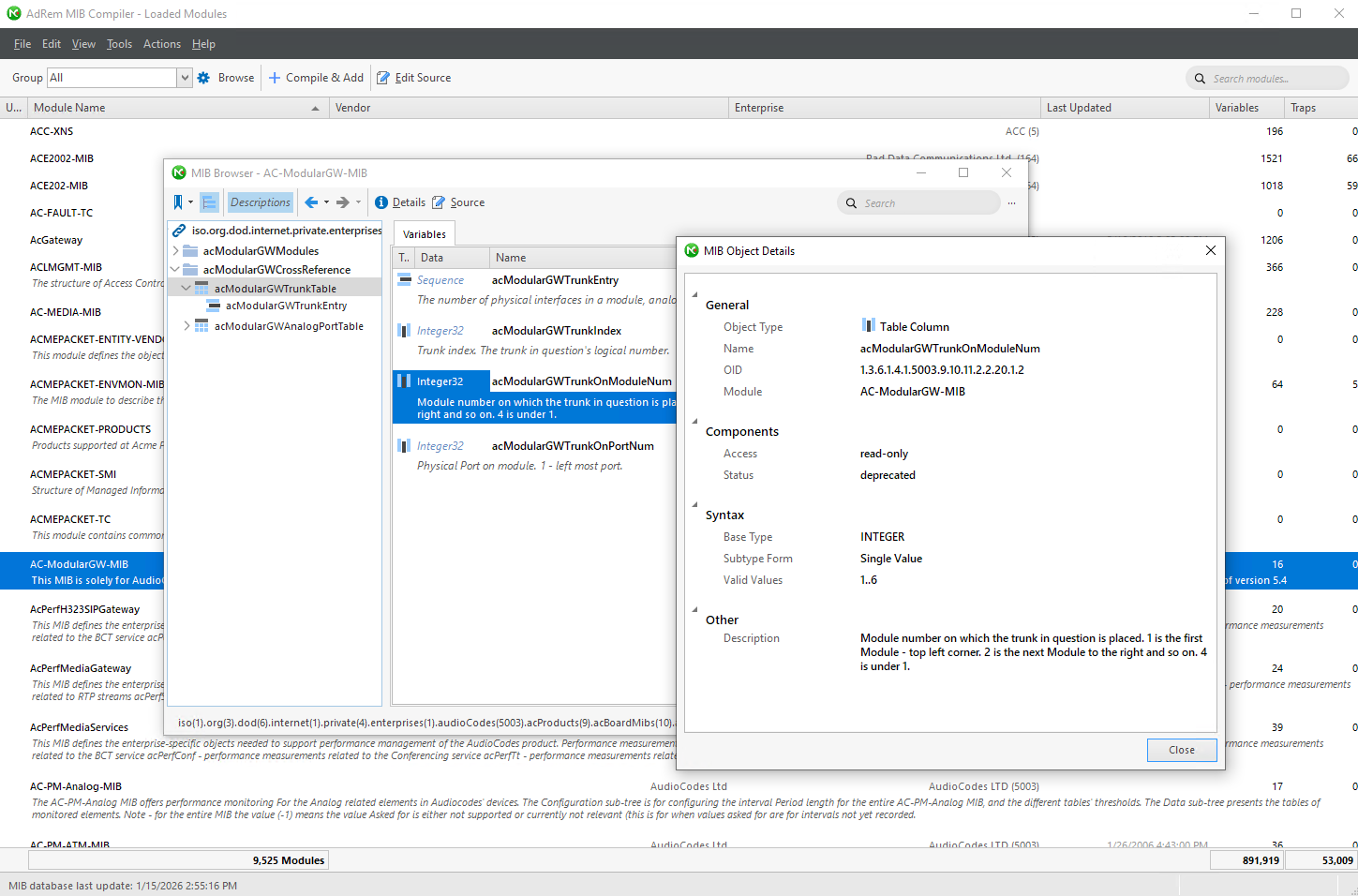 SNMP MIB Compiler – Loaded Modules and MIB Browser